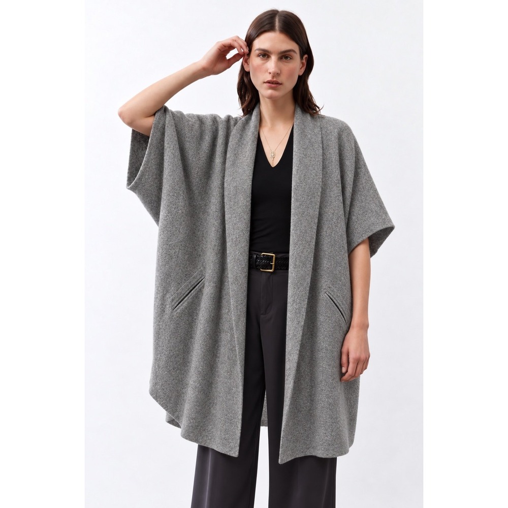 Eileen Fisher M/L Gray Wool Cape Cardigan Poncho Lagenlook Quiet Luxury $475